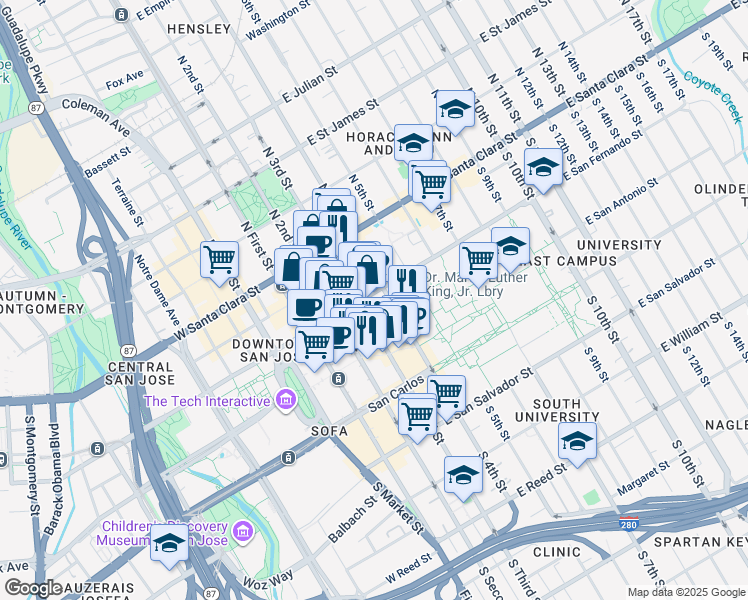 map of restaurants, bars, coffee shops, grocery stores, and more near 130 W San Fernando St in San Jose