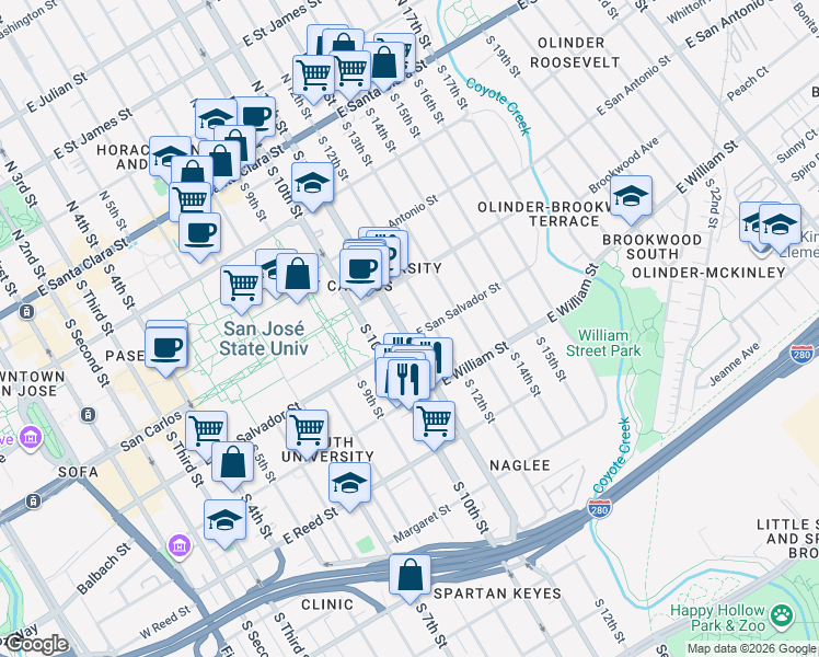 map of restaurants, bars, coffee shops, grocery stores, and more near 406 South 11th Street in San Jose