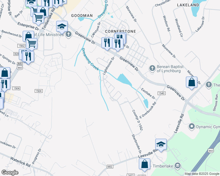 map of restaurants, bars, coffee shops, grocery stores, and more near 64 Cape Charles Square in Lynchburg
