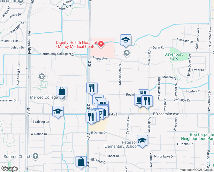 map of restaurants, bars, coffee shops, grocery stores, and more near 516 Hummingbird Court in Merced