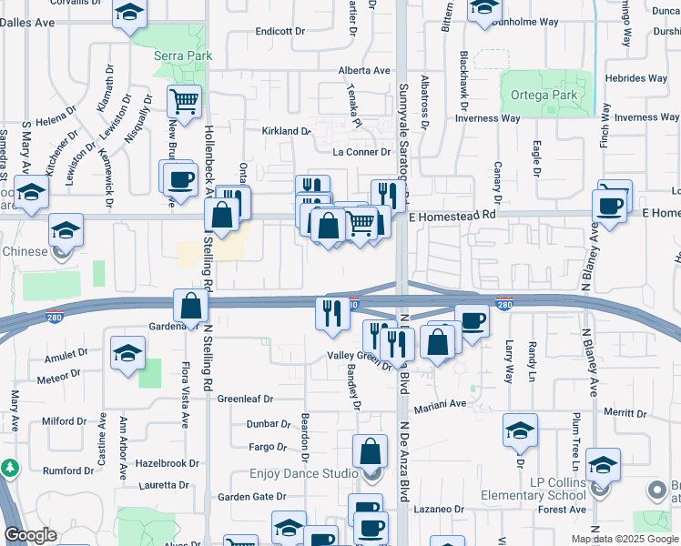 map of restaurants, bars, coffee shops, grocery stores, and more near 20666 Celeste Circle in Cupertino