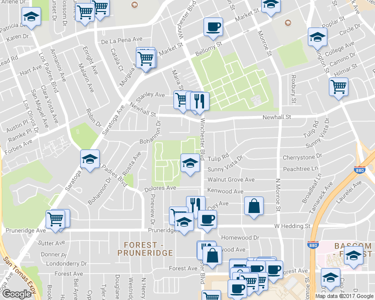 map of restaurants, bars, coffee shops, grocery stores, and more near 420 North Winchester Boulevard in Santa Clara