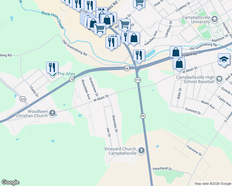 map of restaurants, bars, coffee shops, grocery stores, and more near 632 West Main Street in Campbellsville
