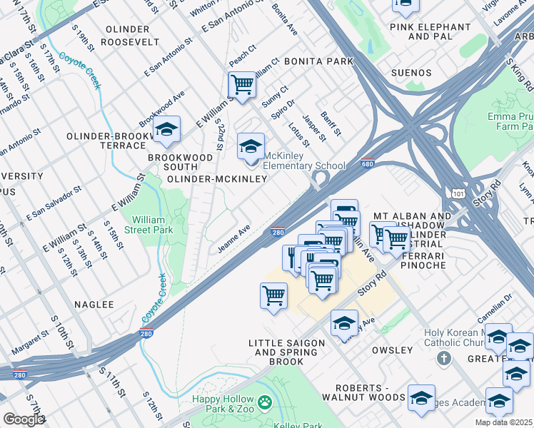 map of restaurants, bars, coffee shops, grocery stores, and more near 798 Dorrie Avenue in San Jose