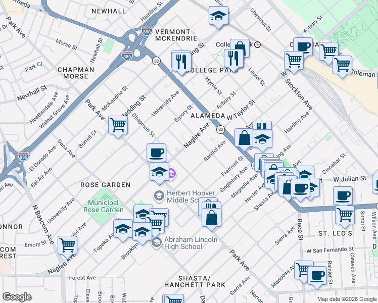 map of restaurants, bars, coffee shops, grocery stores, and more near 1274 Naglee Avenue in San Jose