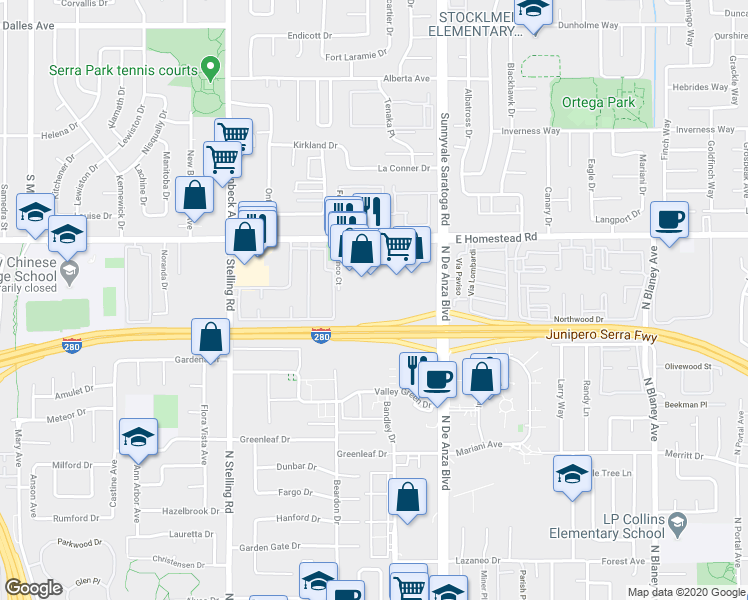 map of restaurants, bars, coffee shops, grocery stores, and more near 20666 Celeste Circle in Cupertino