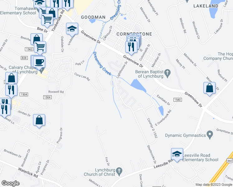 map of restaurants, bars, coffee shops, grocery stores, and more near 99 Cape Point Court in Lynchburg