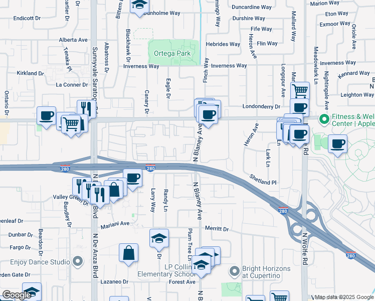 map of restaurants, bars, coffee shops, grocery stores, and more near 10892 Northfield Square in Cupertino
