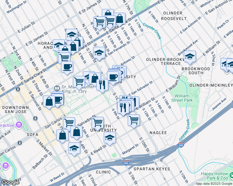 map of restaurants, bars, coffee shops, grocery stores, and more near in San Jose