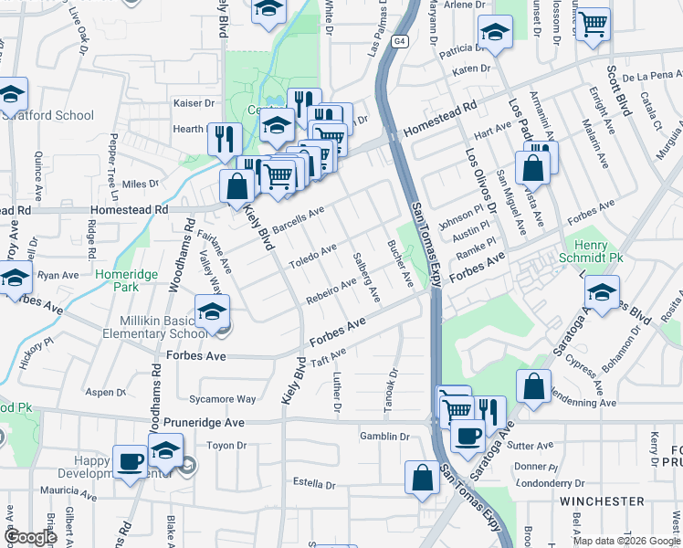 map of restaurants, bars, coffee shops, grocery stores, and more near 2719 Rebeiro Avenue in Santa Clara