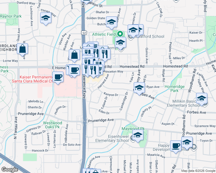 map of restaurants, bars, coffee shops, grocery stores, and more near 3446 Forbes Avenue in Santa Clara