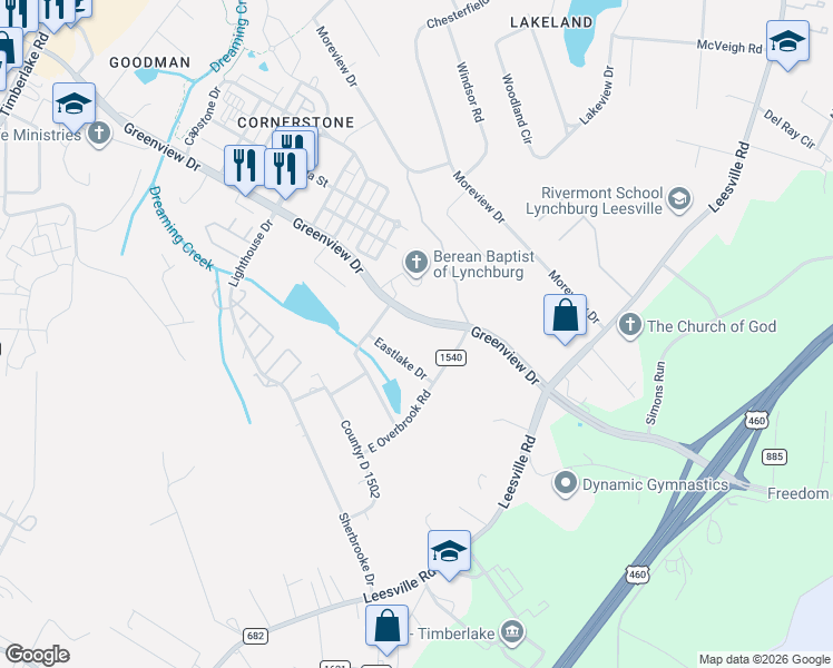 map of restaurants, bars, coffee shops, grocery stores, and more near 51 Eastlake Drive in Lynchburg