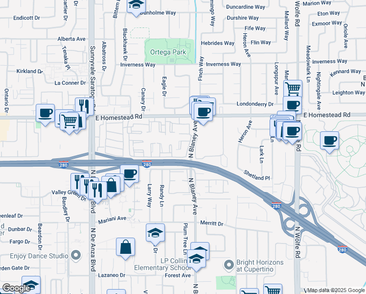 map of restaurants, bars, coffee shops, grocery stores, and more near 10892 Northfield Square in Cupertino