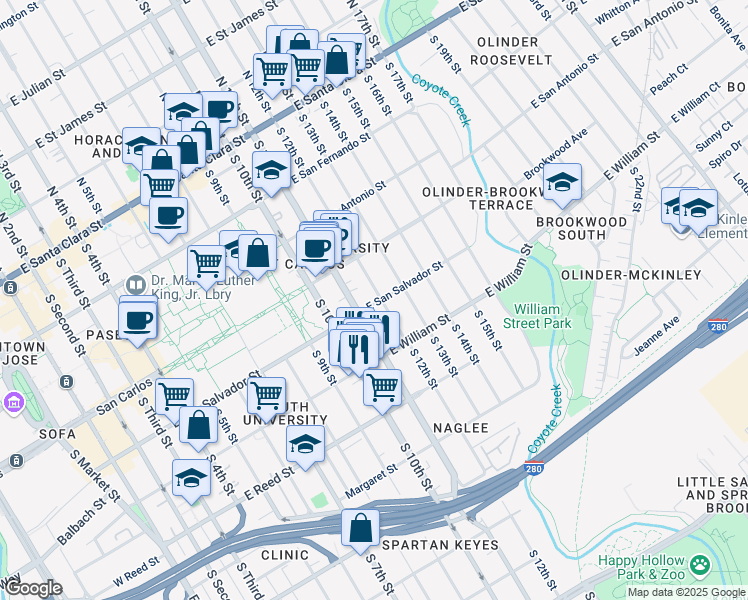 map of restaurants, bars, coffee shops, grocery stores, and more near 406 South 11th Street in San Jose
