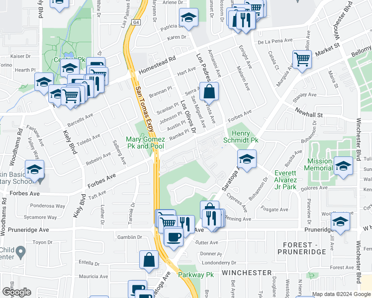 map of restaurants, bars, coffee shops, grocery stores, and more near 2437 Michele Jean Way in Santa Clara