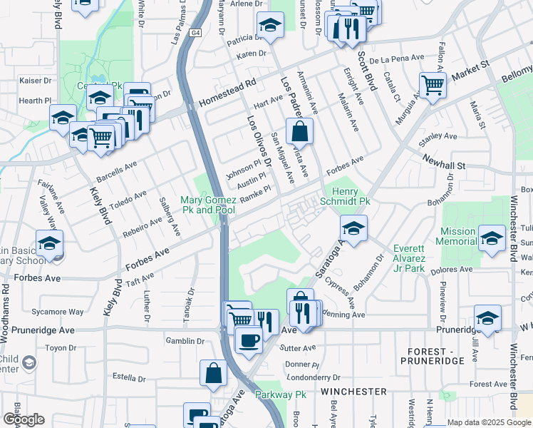 map of restaurants, bars, coffee shops, grocery stores, and more near 2437 Michele Jean Way in Santa Clara