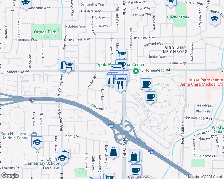map of restaurants, bars, coffee shops, grocery stores, and more near 10805 North Wolfe Road in Cupertino