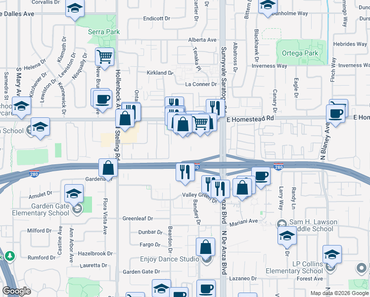 map of restaurants, bars, coffee shops, grocery stores, and more near 20656 Celeste Circle in Cupertino