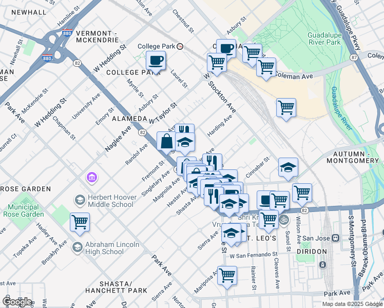 map of restaurants, bars, coffee shops, grocery stores, and more near 1001 Pershing Avenue in San Jose