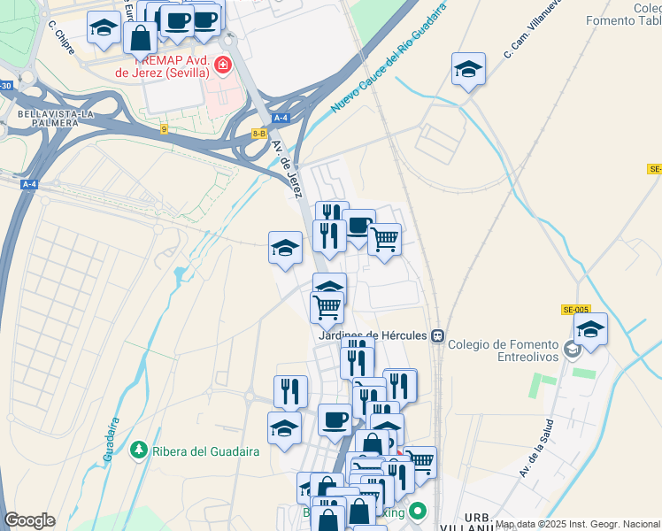 map of restaurants, bars, coffee shops, grocery stores, and more near 23 Avenida de Jerez in Sevilla