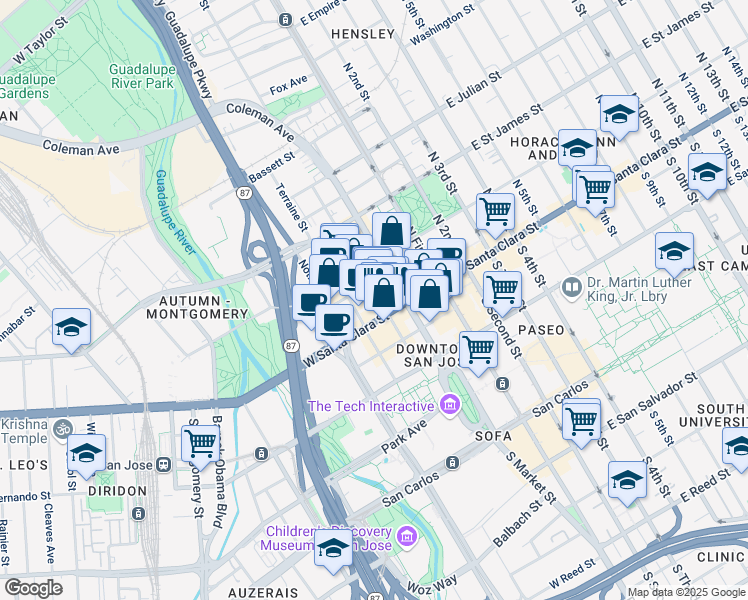 map of restaurants, bars, coffee shops, grocery stores, and more near 142 West Santa Clara Street in San Jose