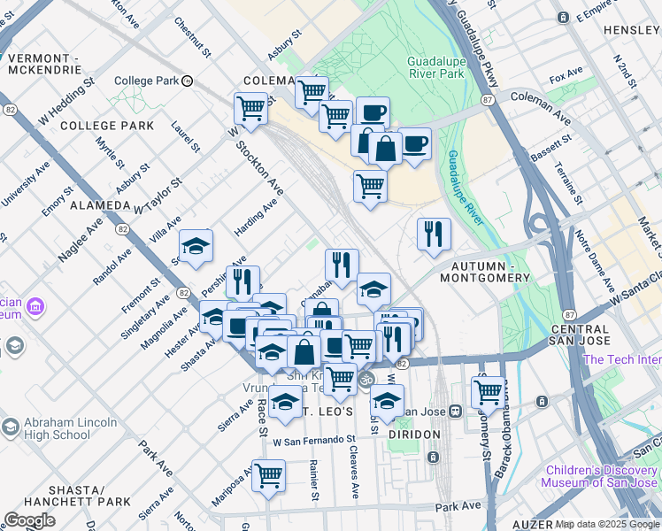 map of restaurants, bars, coffee shops, grocery stores, and more near 417 Stockton Avenue in San Jose