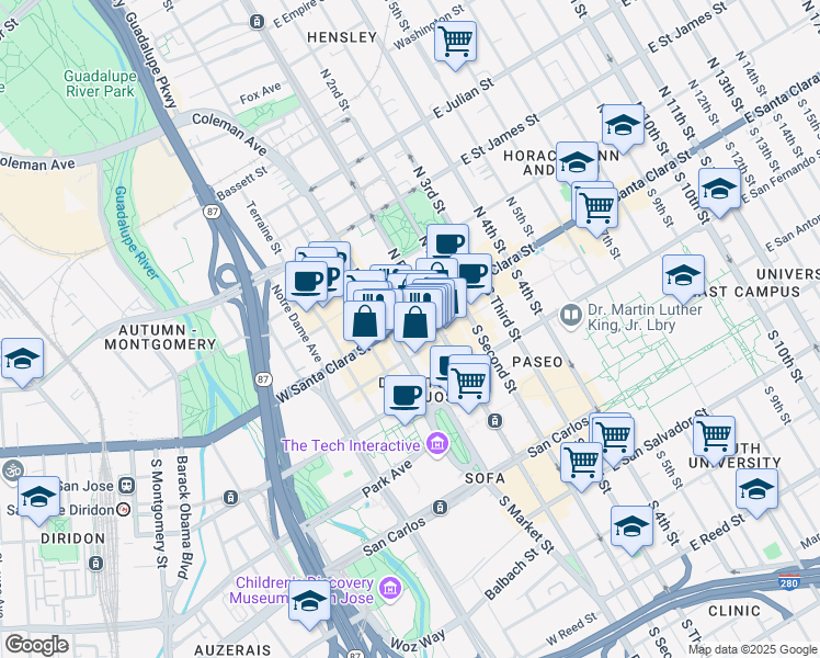 map of restaurants, bars, coffee shops, grocery stores, and more near in San Jose