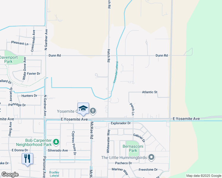map of restaurants, bars, coffee shops, grocery stores, and more near 3612 Hatch Road in Merced