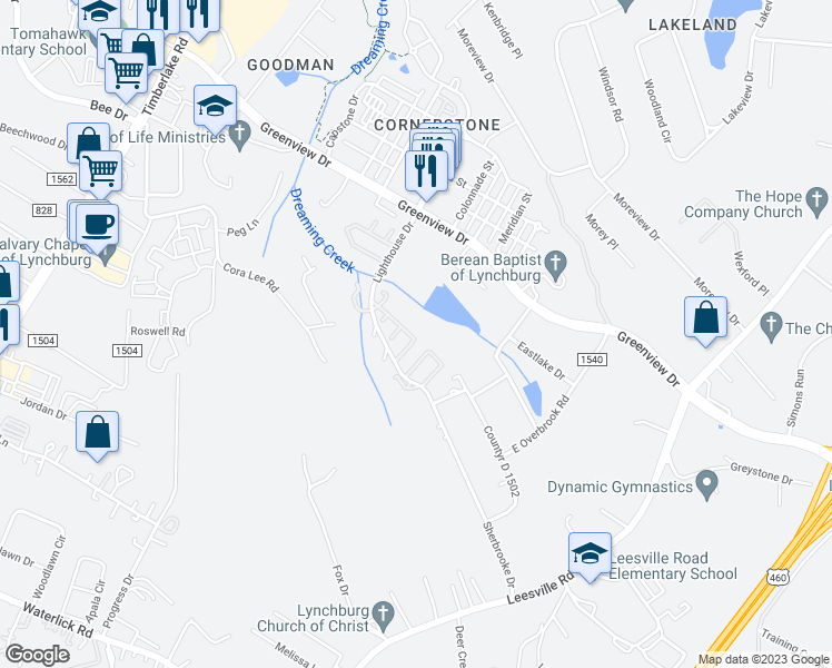 map of restaurants, bars, coffee shops, grocery stores, and more near 128 Kitty Hawk Square in Lynchburg
