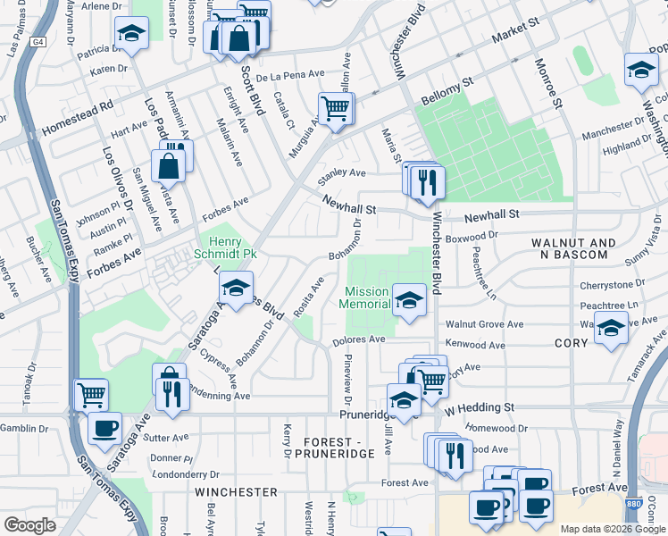 map of restaurants, bars, coffee shops, grocery stores, and more near 2127 Talia Avenue in Santa Clara