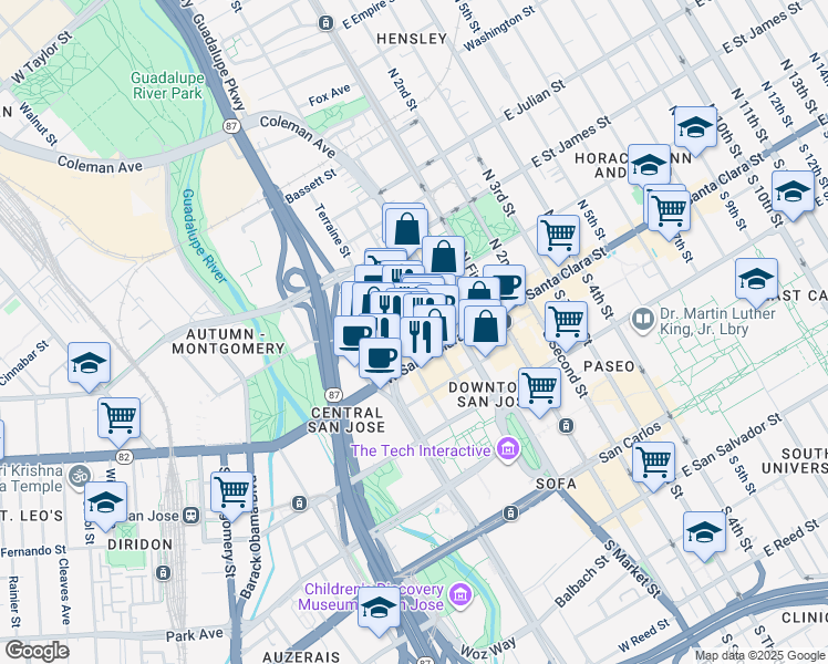 map of restaurants, bars, coffee shops, grocery stores, and more near 28 North Almaden Avenue in San Jose