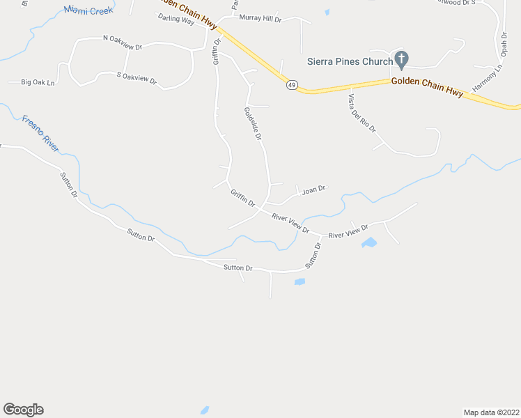 map of restaurants, bars, coffee shops, grocery stores, and more near Griffin Drive & River View Drive in Oakhurst