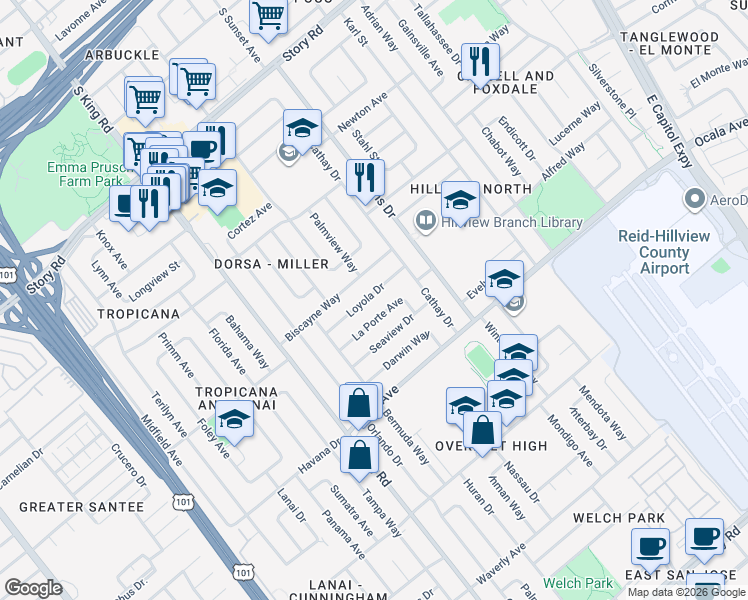 map of restaurants, bars, coffee shops, grocery stores, and more near 1864 Loyola Drive in San Jose