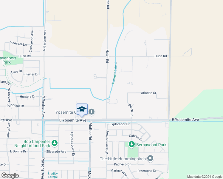 map of restaurants, bars, coffee shops, grocery stores, and more near 3606 Hatch Road in Merced