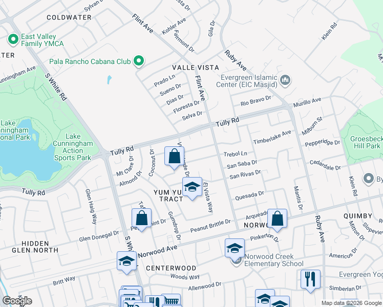 map of restaurants, bars, coffee shops, grocery stores, and more near 2631 Vista Verde Drive in San Jose