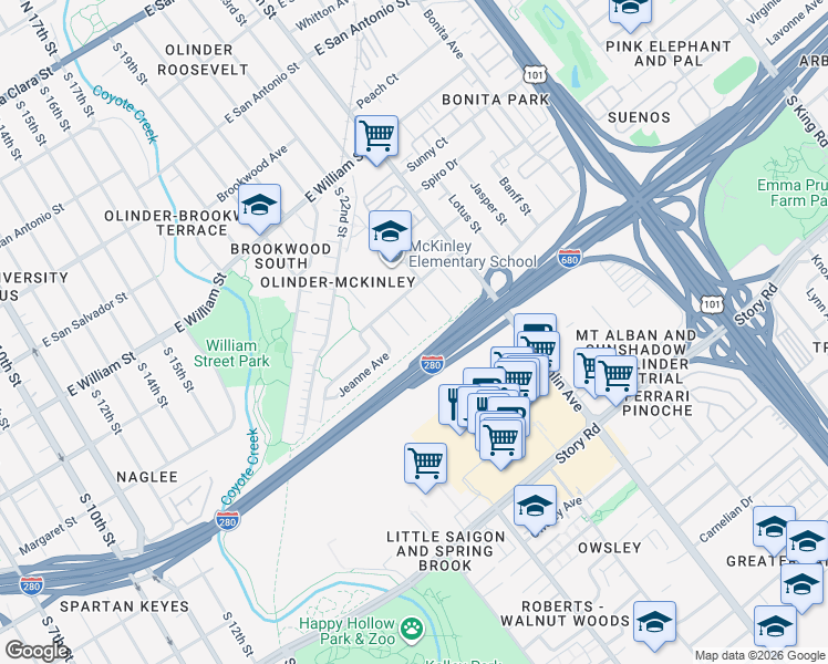 map of restaurants, bars, coffee shops, grocery stores, and more near 798 Dorrie Avenue in San Jose