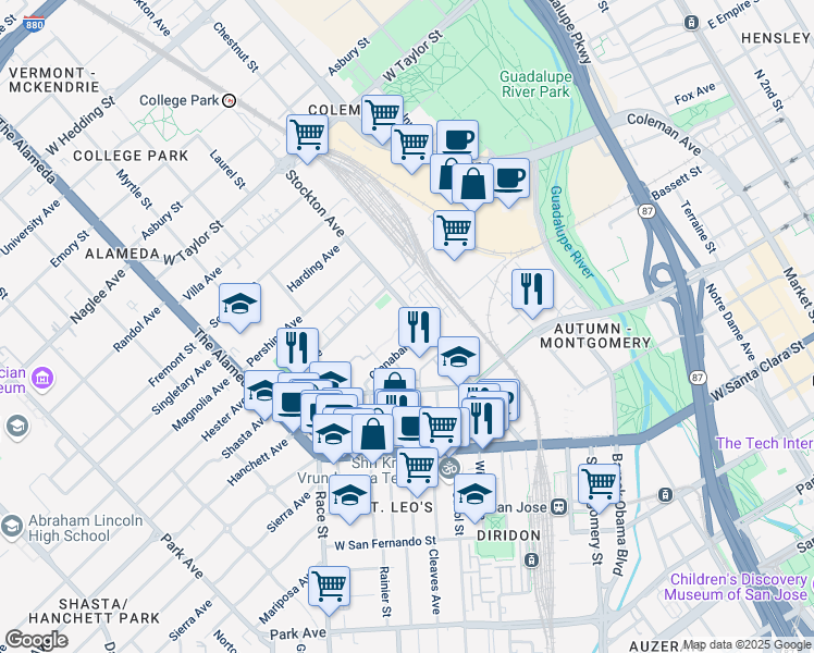 map of restaurants, bars, coffee shops, grocery stores, and more near 838 Cinnabar Street in San Jose