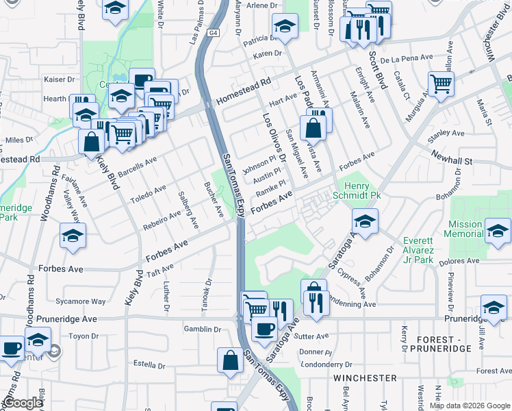 map of restaurants, bars, coffee shops, grocery stores, and more near 2473 Michele Jean Way in Santa Clara