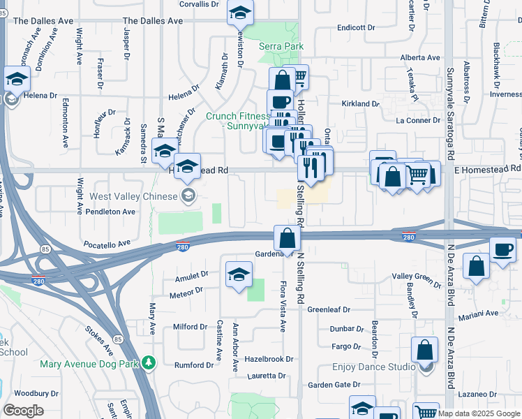 map of restaurants, bars, coffee shops, grocery stores, and more near 780 Noranda Drive in Sunnyvale