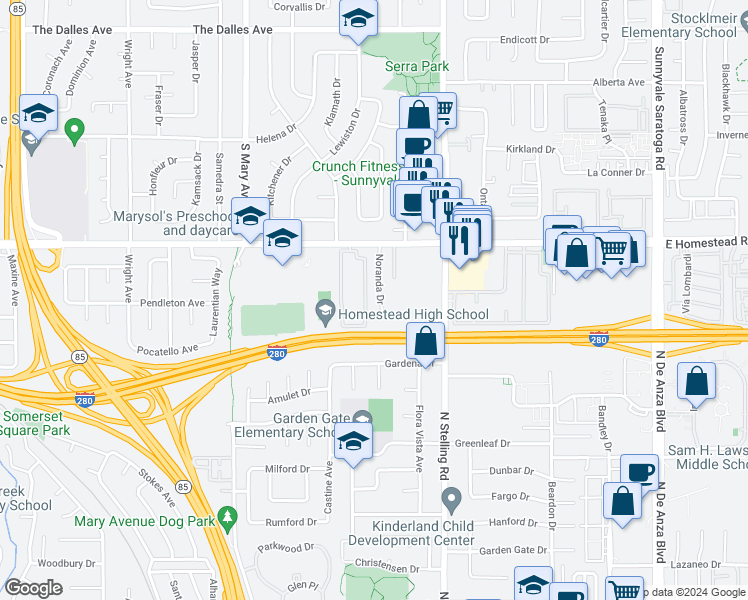 map of restaurants, bars, coffee shops, grocery stores, and more near 780 Noranda Drive in Sunnyvale