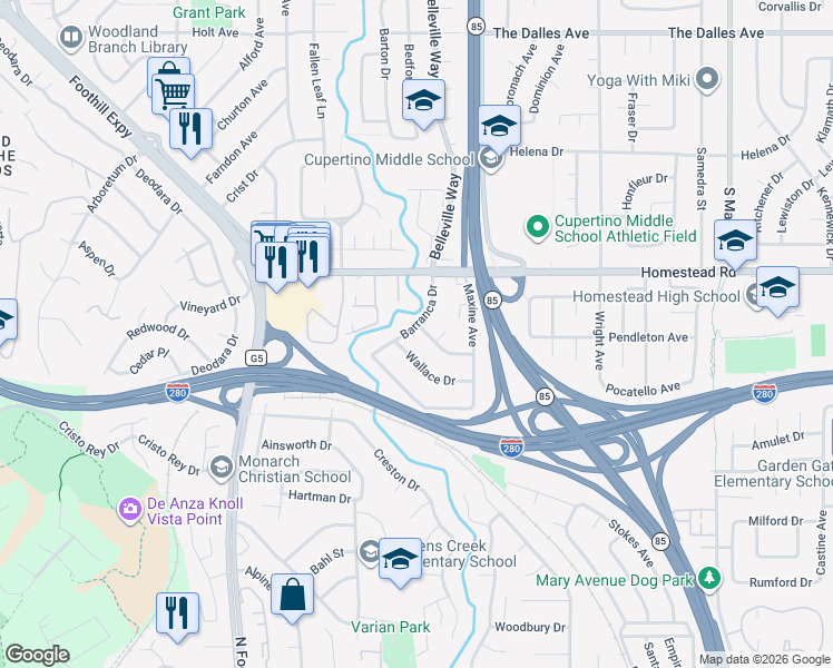 map of restaurants, bars, coffee shops, grocery stores, and more near 22154 Wallace Drive in Cupertino