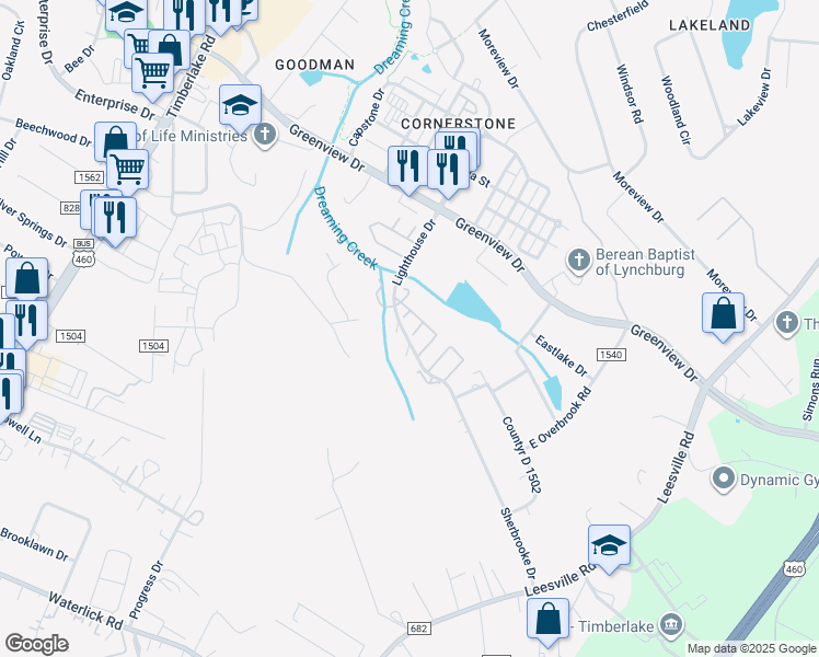 map of restaurants, bars, coffee shops, grocery stores, and more near 25 Cape Henry Court in Lynchburg
