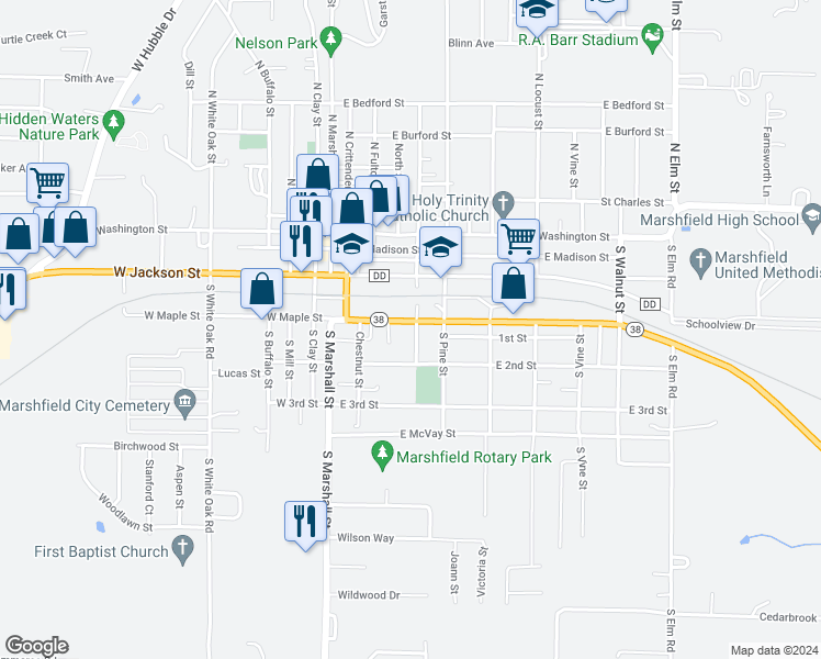 map of restaurants, bars, coffee shops, grocery stores, and more near 423 South Pitts Street in Marshfield