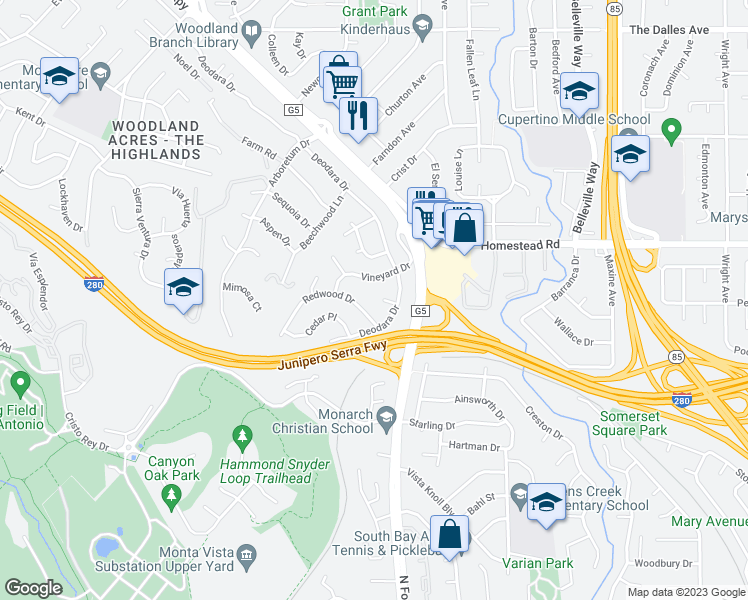 map of restaurants, bars, coffee shops, grocery stores, and more near 1554 Honeysuckle Place in Los Altos