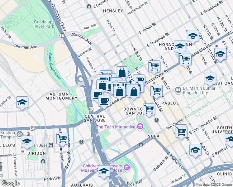 map of restaurants, bars, coffee shops, grocery stores, and more near 29 North San Pedro Street in San Jose