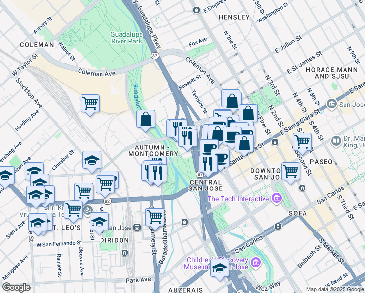 map of restaurants, bars, coffee shops, grocery stores, and more near 141 North Almaden Boulevard in San Jose