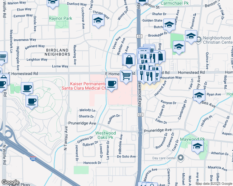 map of restaurants, bars, coffee shops, grocery stores, and more near 700 Lawrence Expressway in Santa Clara