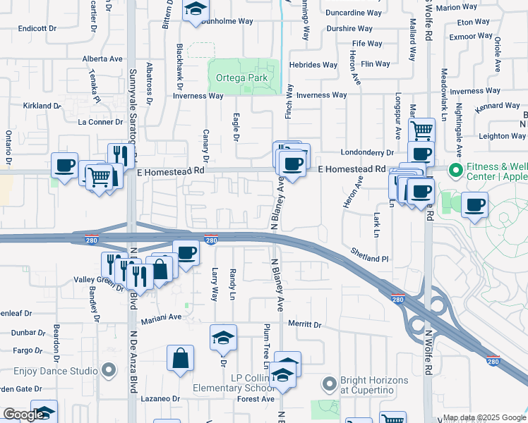 map of restaurants, bars, coffee shops, grocery stores, and more near 10902 Northfield Square in Cupertino