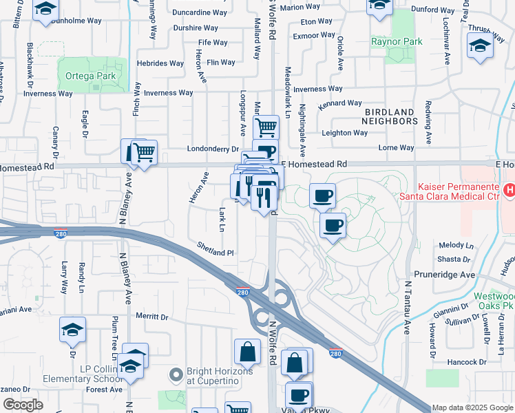 map of restaurants, bars, coffee shops, grocery stores, and more near 10805 North Wolfe Road in Cupertino