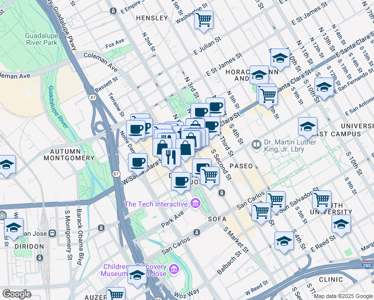 map of restaurants, bars, coffee shops, grocery stores, and more near 30 South Market Street in San Jose
